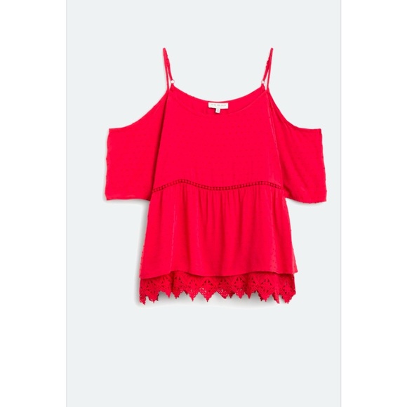 Skies are blue 3X cold shoulder red blouse lace bottom - Picture 1 of 11